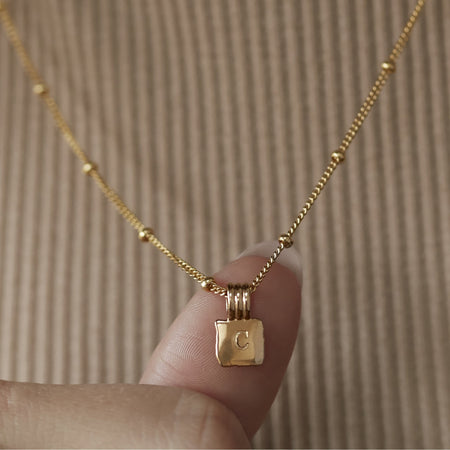 Mini Initial Square Charm Necklace Gold With Bead Chain